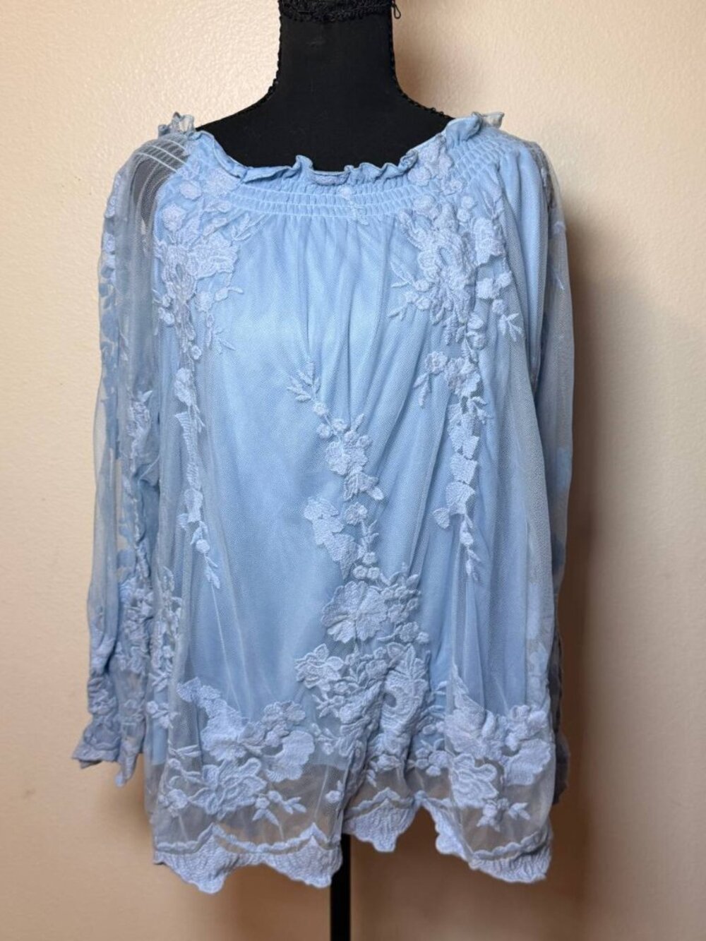 Marled Baby Blue Floral Lace Off Shoulder Blouse XL Coquette Cottagecore Boho